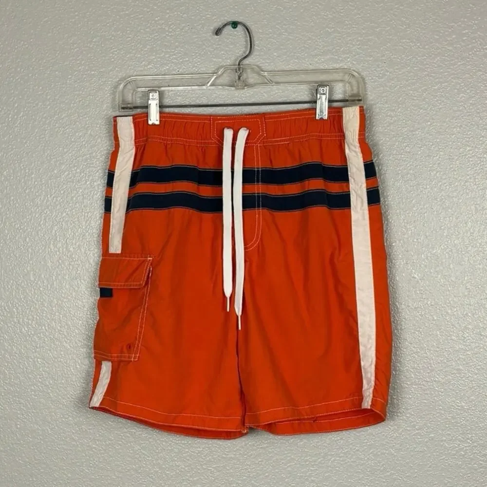 Merona Men’s Size Small Orange Blue White Striped Mesh Lined Swim Trunks Shorts